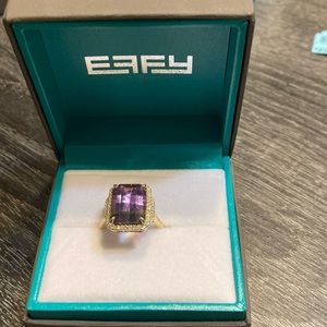 14k yellow gold band with double halo ametrine Effy ring.